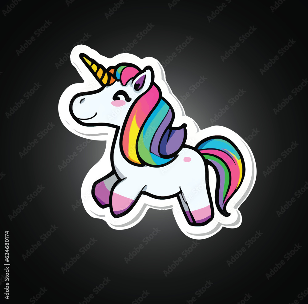Sticker of fairy tale sleeping unicorn head and rainbow