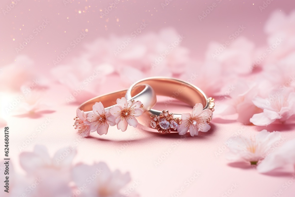 Wedding rings with seamless flower decorations, levitation,rainbow palete,white lighting on pink pastel background