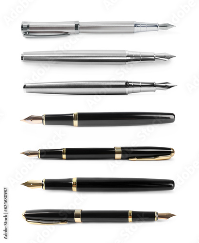 Set of fountain pens on white background, top view