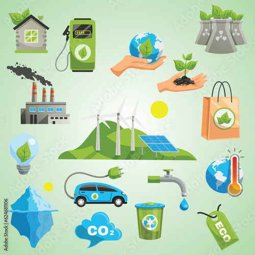 isolated eco icon set vector ecological restoration flat emblems sun energy eco factory recycling of waste and green city isolated illustration