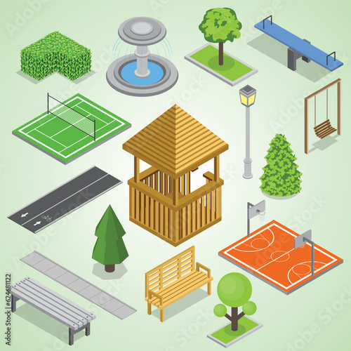 city park infrastructure isometric set elements greenery kid playground sport courts isolated 