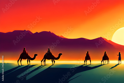 Camel riding in the desert at sunset. Generative AI