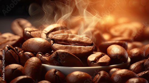 Arabica or Robusta coffee beans  Coffee beans with smoke. Generative Ai