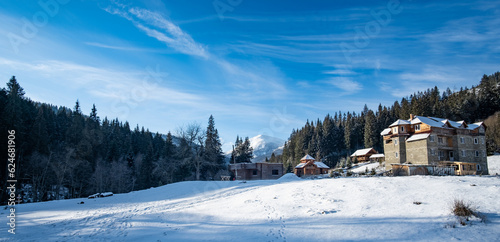 Winter landscape of the Ukrainian Carpathians with the Hoverla mountains on the backside