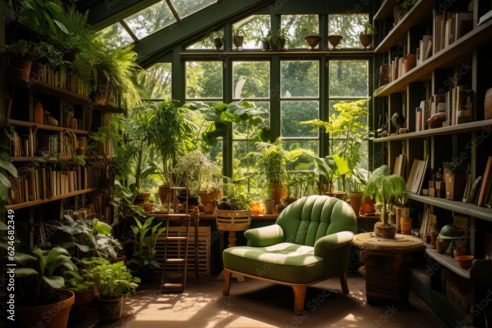 Plants And Greenery In Reading Room, Generative AI Plants And Greenery In Reading Room, Generative AI