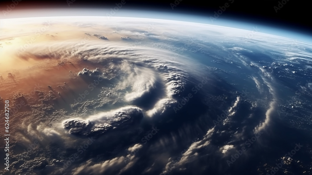 cyclone funnel of a hurricane on the surface of the planet view from space, weather forecast. Generative AI
