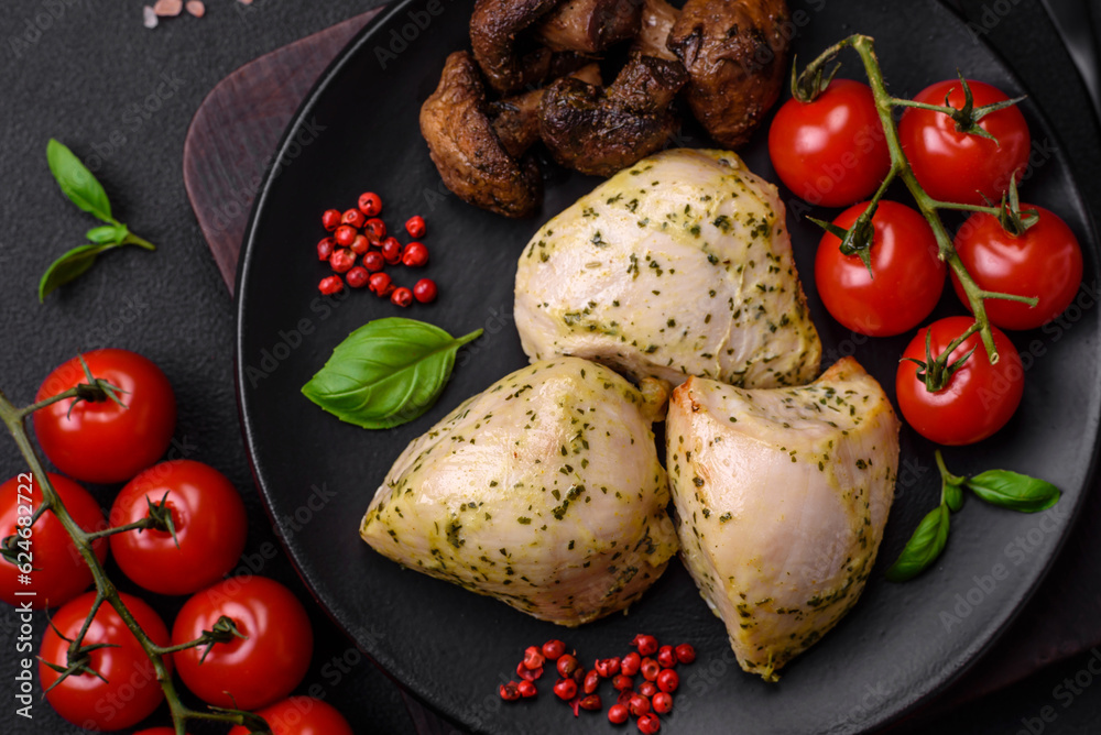 Delicious juicy grilled chicken with salt, spices and herbs with vegetables Delicious juicy grilled chicken with salt, spices and herbs with vegetables