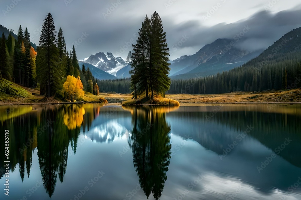 autumn trees reflected in water generated by AI technology