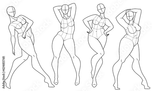 Plus Size Fashion Figure Templates. Exaggerated Croquis for Fashion Design and Illustration. Vector Illustration