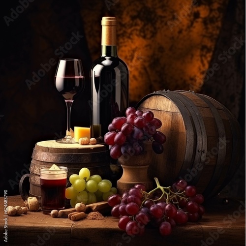 Still life with wine, grapes and cheese on wooden table in cellar