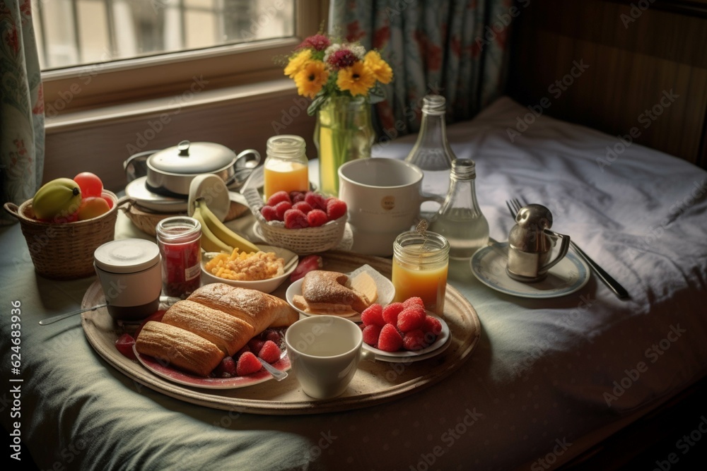 Breakfast in bed in the morning. Fresh fruits, berries, croissants and orange juice. Breakfast in bed in the morning. Fresh fruits, berries, croissants and orange juice.
