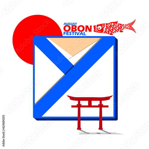 Traditional Japanese clothing during the Obon Festival in frame with a red sun and a Japanese characteristic gate named Torii, with bold text on white background to commemorate Obon Festival on August