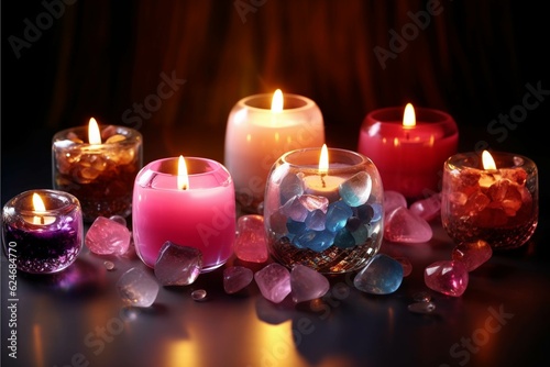 Burning candles and crystal stones on dark background, close-up