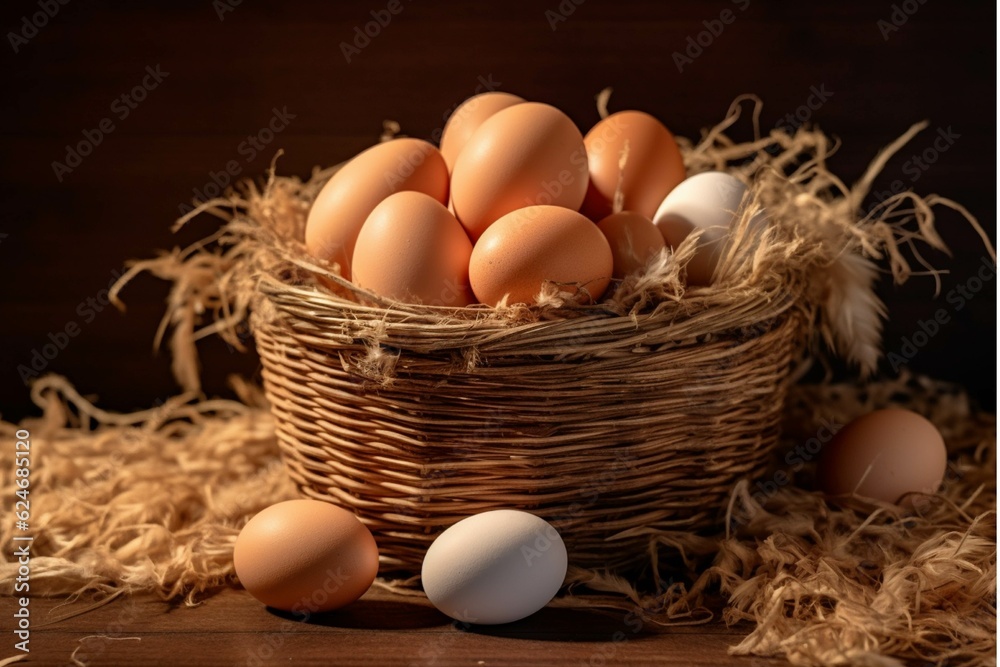 Easter eggs in a basket with ears of wheat on a wooden background Easter eggs in a basket with ears of wheat on a wooden background
