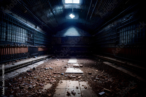 Realistic photo of destructed broken deserted garage factory room