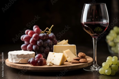 Still life with wine  grapes and cheese on wooden table in cellar