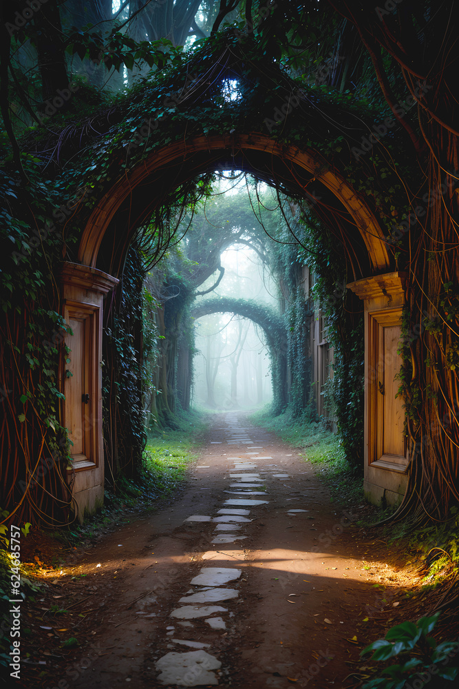 An enigmatic door awaits at the end of a path, adorned with overgrown plant vines An enigmatic door awaits at the end of a path, adorned with overgrown plant vines