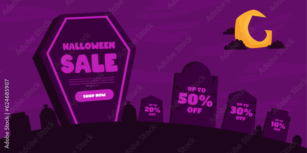 Halloween Sale banner. Vector design for sales promotion on Halloween day with pumpkins, bats, ghosts, haunted house and graveyard decorations.