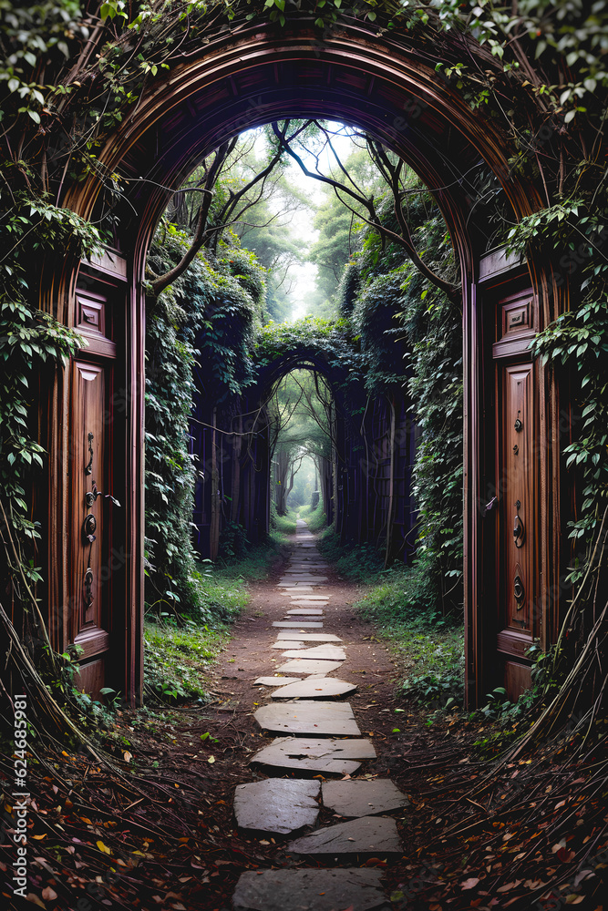 Obraz premium An enigmatic door awaits at the end of a path, adorned with overgrown plant vines