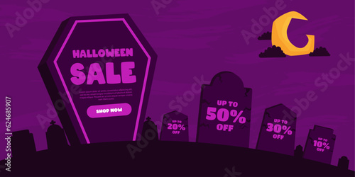 Halloween Sale banner. Vector design for sales promotion on Halloween day with pumpkins, bats, ghosts, haunted house and graveyard decorations. © suicidestock