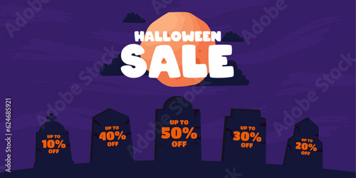Halloween Sale banner. Vector design for sales promotion on Halloween day with pumpkins  bats  ghosts  haunted house and graveyard decorations.