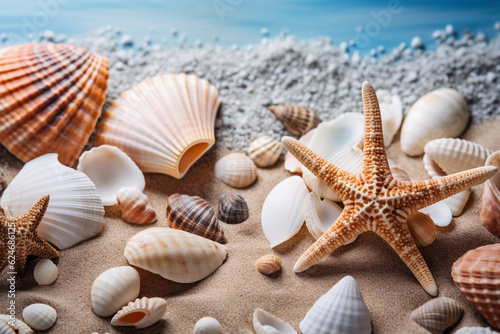Summer concept background with sandy beach shells and starfish, Generative AI