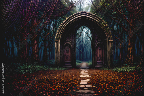 An enigmatic door awaits at the end of a path  adorned with overgrown plant vines