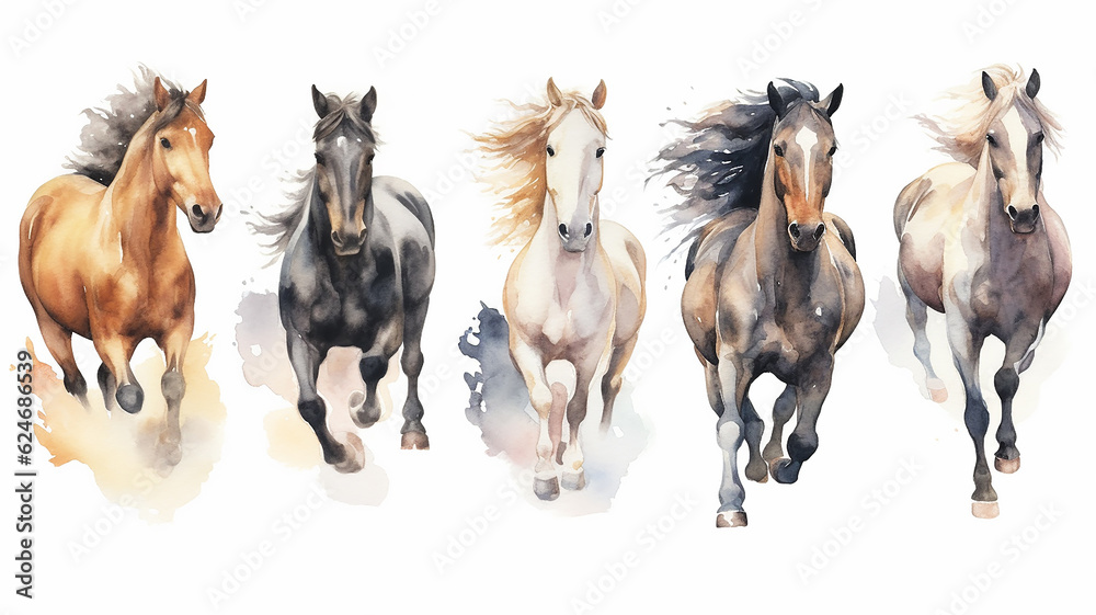 Fototapeta premium Collection of running horses on a white background watercolor drawing. Generative AI