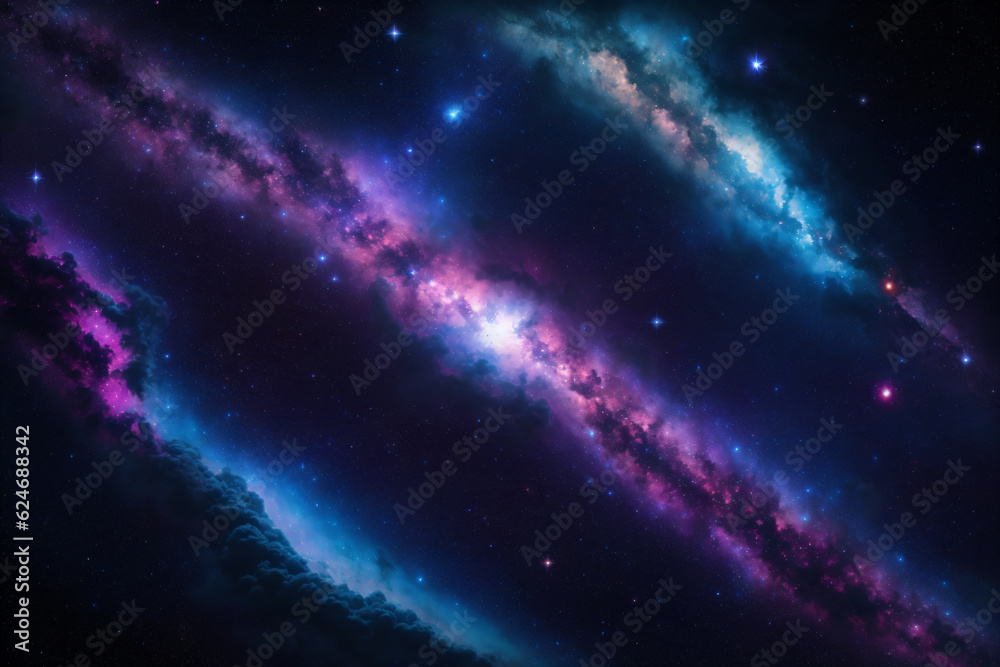 Obraz premium Deep Space Fantasy Galaxy View. Science-fiction illustration of deep space, with shades of blue and purple nebula clouds and stars. Generative-AI. 