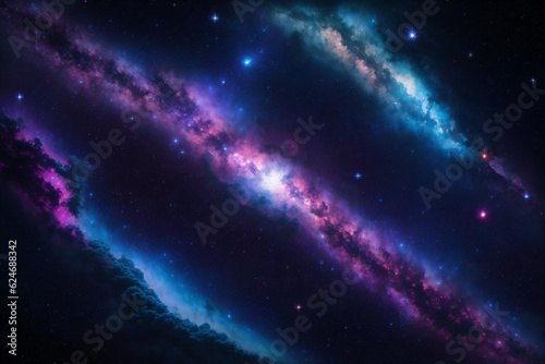 Deep Space Fantasy Galaxy View. Science-fiction illustration of deep space, with shades of blue and purple nebula clouds and stars. Generative-AI.
