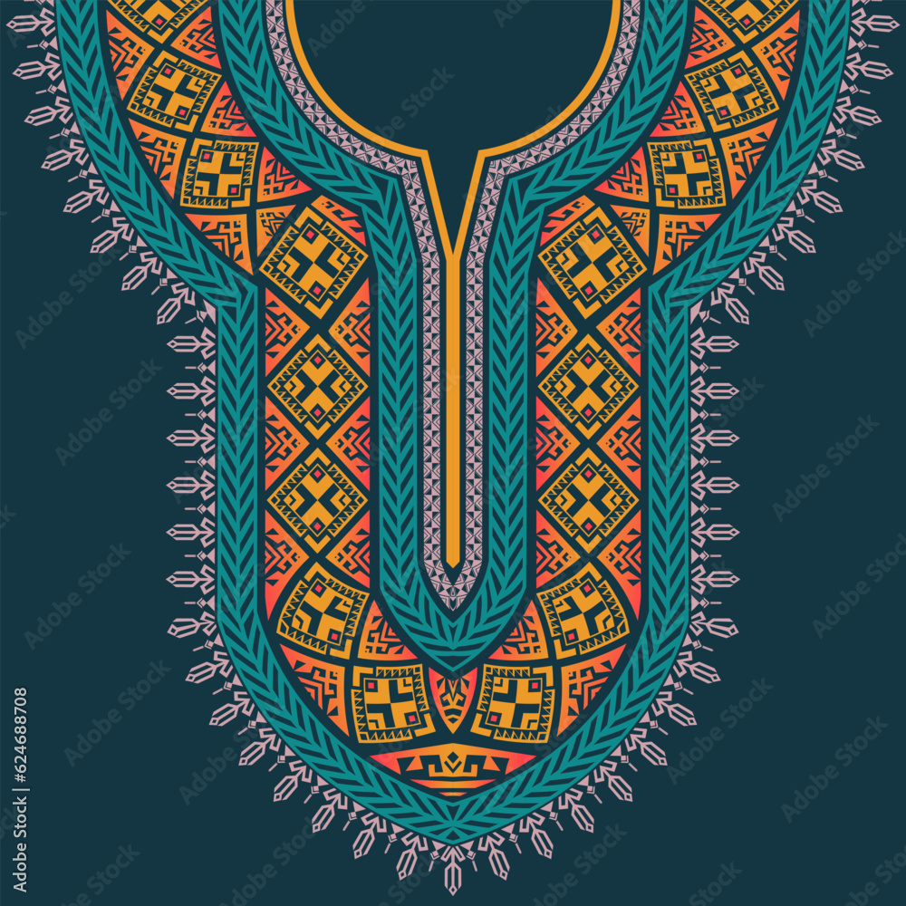 The neckline embroidery design in Thai sarong style for a kaftan dress. The abstract geometric fabric pattern design for the African dashiki shirt. The symmetry pattern design for U-neck clothing.