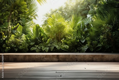 An Empty Wooden Terrace with a Green Wall 3D Render. Generative AI