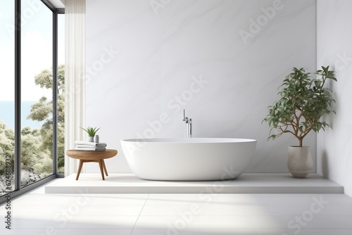 A Modern White Bathroom with Minimalist Style. Generative AI