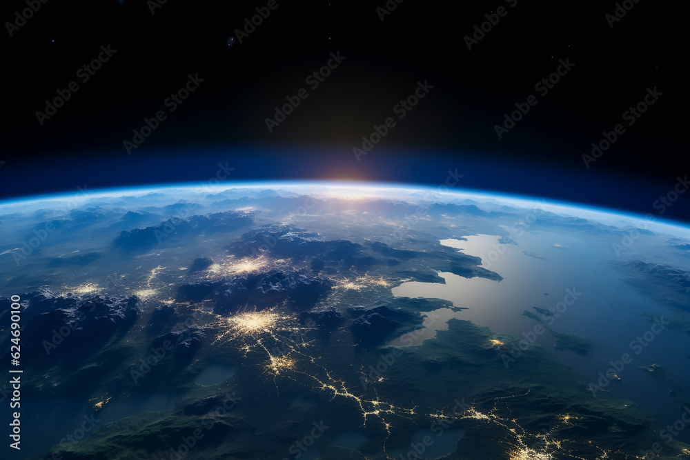 Planet earth view from space. Nightly planet Earth in dark outer space. Generative AI