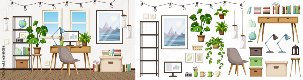 Scandinavian room interior with a desk, shelving, a big painting, hanging lamps, and houseplants. Home office interior design. Furniture set. Interior constructor. Cartoon vector illustration Scandinavian room interior with a desk, shelving, a big painting, hanging lamps, and houseplants. Home office interior design. Furniture set. Interior constructor. Cartoon vector illustration