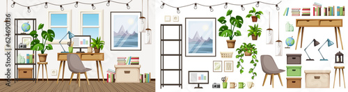 Scandinavian room interior with a desk, shelving, a big painting, hanging lamps, and houseplants. Home office interior design. Furniture set. Interior constructor. Cartoon vector illustration © naddya