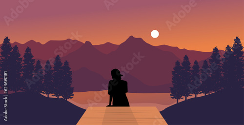 Lonely woman silhouette at sunset. Girl daydreaming alone looking at orange sunset with among the clouds on the sea pier pensive depressed lonely person vector illustration.