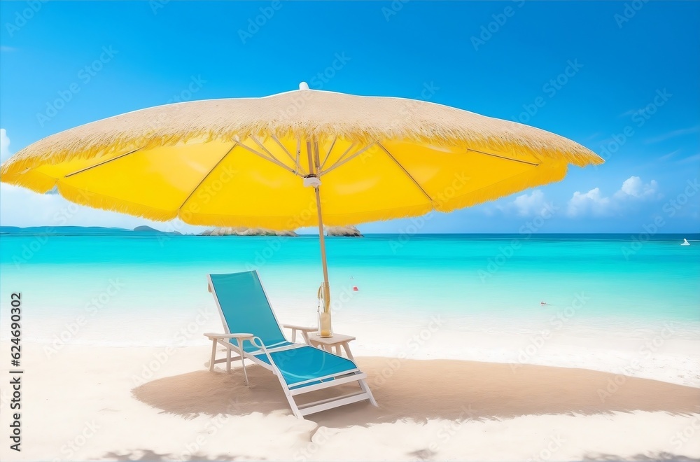 A sun-drenched beach with crystal clear waters and a vibrant beach umbrella.Created with generative AI