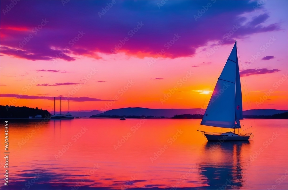 A vibrant, colorful sunset over a calm lake with a sailboat in the distance.Created with generative AI