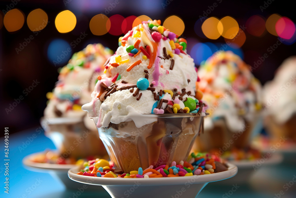 Ice cream sundae, featuring scoops of ice cream, whipped cream ...