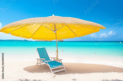 A sun-drenched beach with crystal clear waters and a vibrant beach umbrella.Created with generative AI © Thilina Sandakelum