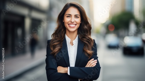 Young confident smiling business woman standing on busy street, portrait. Proud successful female entrepreneur wearing suit posing with arms crossed look at camera in big city outdoors. Generative Ai