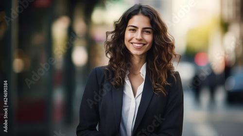 Young confident smiling business woman standing on busy street, portrait. Proud successful female entrepreneur wearing suit posing with arms crossed look at camera in big city outdoors. Generative Ai