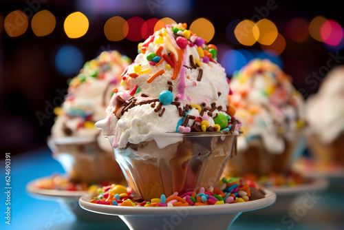 Fototapeta Ice cream sundae, featuring scoops of ice cream, whipped cream, colorful sprinkles, and toppings like chocolate sauce