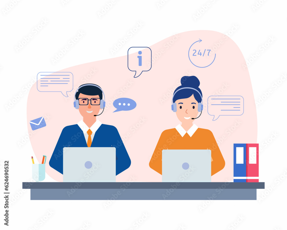 customer service agents with headphones microphone and computer customer service support or call center concept customer service agents with headphones microphone and computer customer service support or call center concept