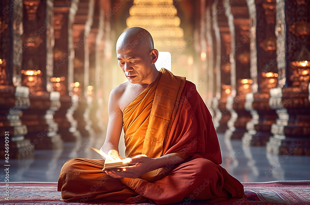 Tibetan monk prays in the temple. Generative AI. - obrazy, fototapety, plakaty 