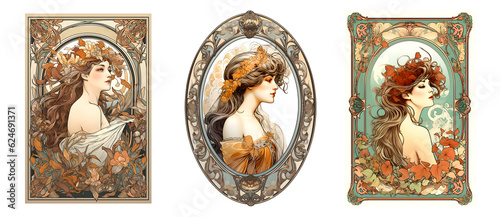 Portrait of beautiful women in Art Nouveau style. Awesome women drawings created with generative AI. photo