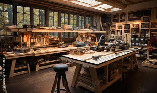 Modern wood working room with tools hanging on the wall