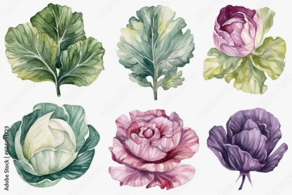 Watercolor Set of Variety Cabbage, Generative AI Watercolor Set of Variety Cabbage, Generative AI