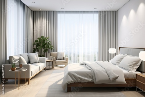A Modern Style White Bedroom and Living Room. Generative AI